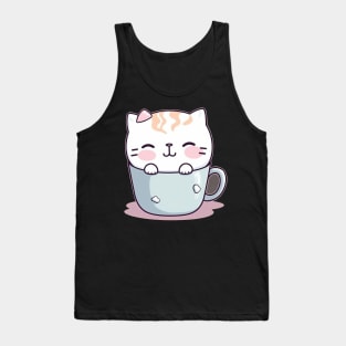 Cute Kawaii Kitty in a Blue Coffee Cup Tank Top